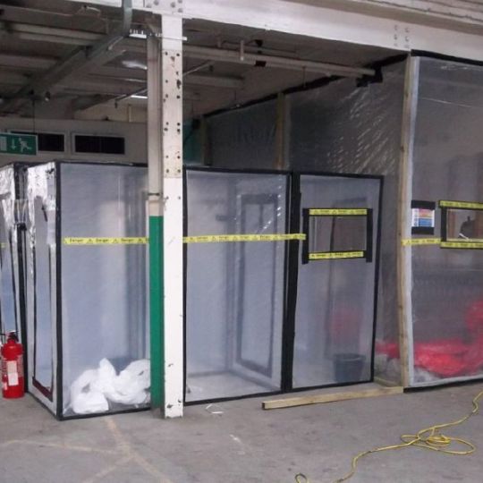 Plastic sheeting set up in a demolition area
