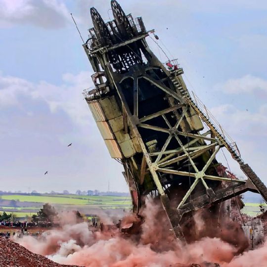 Head gear pulley mid-demolition during colliery decomissioning